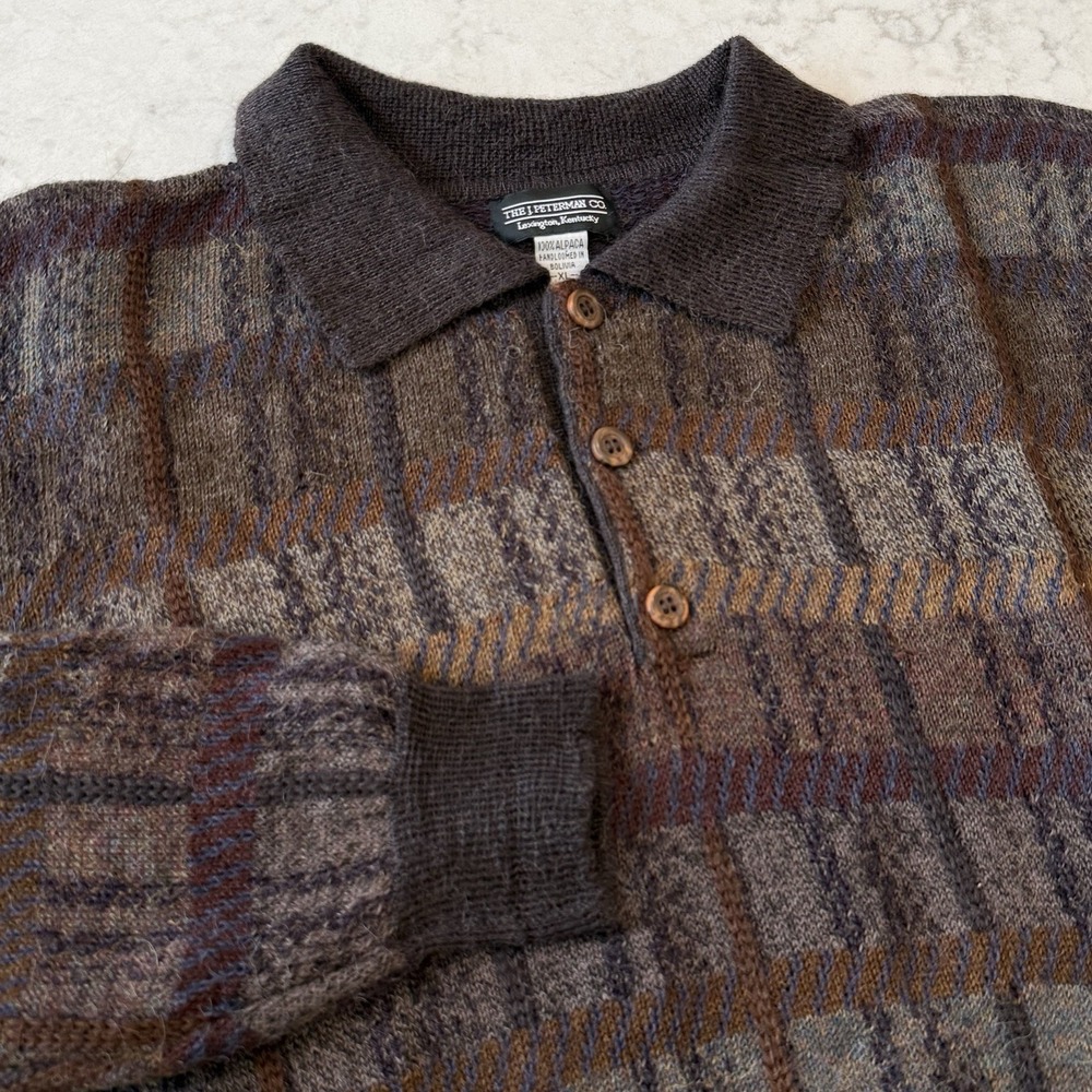 VTG The J. Peterman Co. 100% Alpaca Long Sleeve Knit Polo Grandpa Brown
